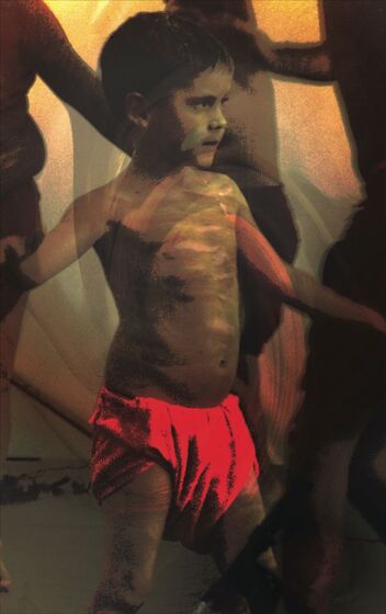 Painting of a young boy wearing with red cloth worn like shorts, and lines of paint on his upper body. 