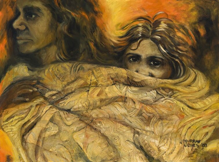 Painting of two women enveloped by a large cloak.