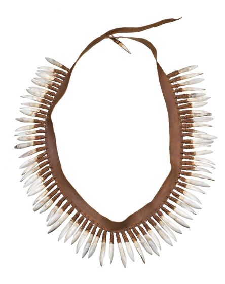 Necklace made from a strap of rbown leather, with white kangaroo teeth woven on in a fan shape.