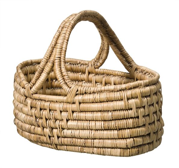 Oval shaped basket made from woven plant fibres, with two carry handles