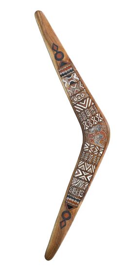 Wooden chevron shaped boomerang. Detailed line and pattern designs are painted on the side of the boomerang, mostly in white and black, with some red and brown.