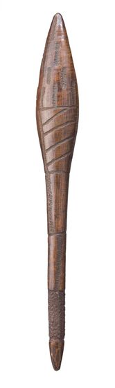 Wooden club with a thin handle made from light brown timber, and widened area on one end. On the surface are carved lines and patterns.