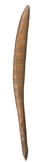 Thin wooden club carved as a lightly curved shape which is wider at one end. The surface has small notches and lined patterns carved into it in rings. 