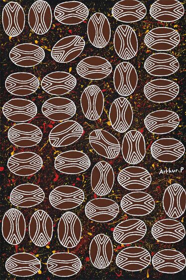 Painting featuring multiple brown ovals with white line patterns across them, across a black background with red and yellow paint in a splatter pattern.