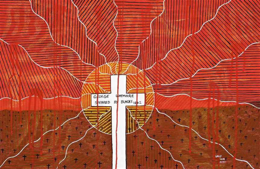 Painting of a white cross with the words 'George Watmore Speared by Blacks 1842' written on it, in front of a yellow sun, red land with small black cross shapes spanning across up to the horizen, with a red sky above. White linkes radiate out from the cross, and there is red pained deliberately dripped across the content of the painting. 