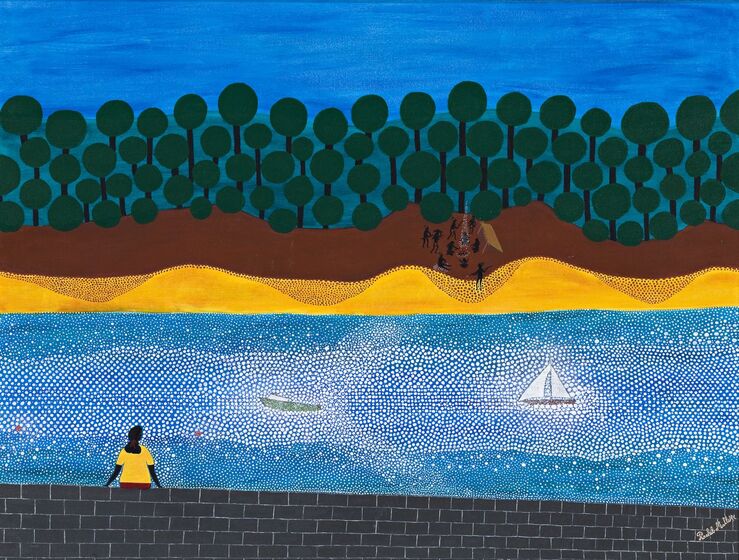 Painting of a person in a yellow shirt seated on a grey brick wall, looking out over a blue river with a canoe and a sail boat on the water. The river surface is covered in a white dot pattern. On the opposite river edge is yellow sand and a brown landscape with green trees made from circles. On the brown land is the silhouette of a group of people sitting around a camp fire, 