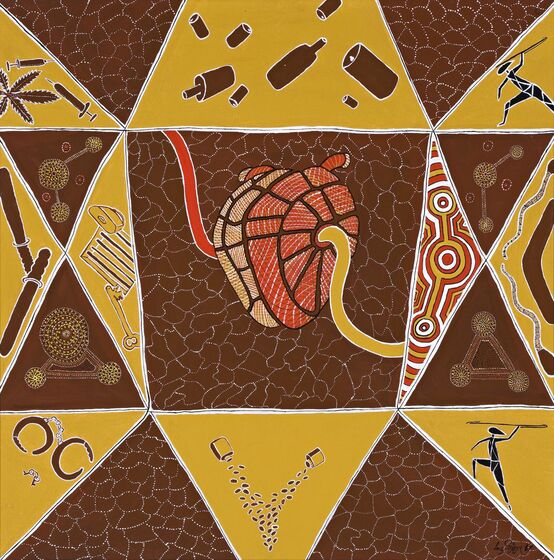 Painting of a heart made from a brown-red and white line pattern in the middle of a brown square, with a red artery coming from the left and a yellow atery coming from the right. Suyrrounding are several scenes in yellow triangles, including two sticks, handcuffs, two bottles spilling pills, a person with a spear thrower, syringes and a marijuana leaf, and cans and bottles. 