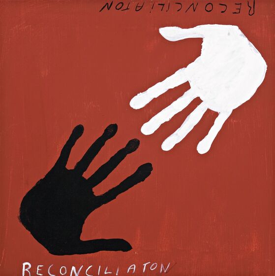 Painting of a black handprint on the bottom left, with a white handprint at the top right, on a red background. The hands are facing fingertips to each other. In white text below the black hand is the word 'reconciliation'. In black text above the white hand, upside down is the text 'reconciliation'. 