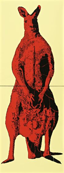Painting of a kangaroo colored in bright red standing upright facing the viewer, on a yellow background.
