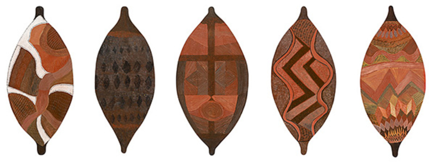 Artwork of five leaf-shaped shields lined in a row, each featuring a different pattern in browns, blacks and whites. 