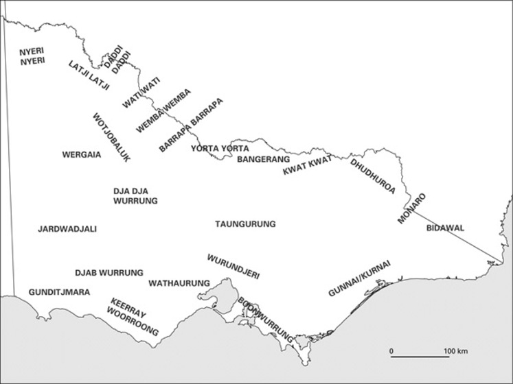 Black and white map of the state of Victoria in Australia, with the names of different Aboriginal language groups written across. 
