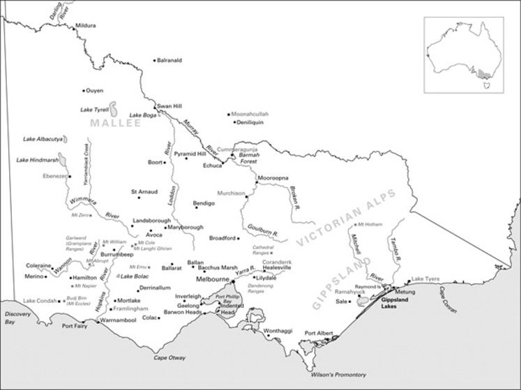Black and white map of the state of Victoria in Australia, showing a range of river systems, and the names of different locations and towns.