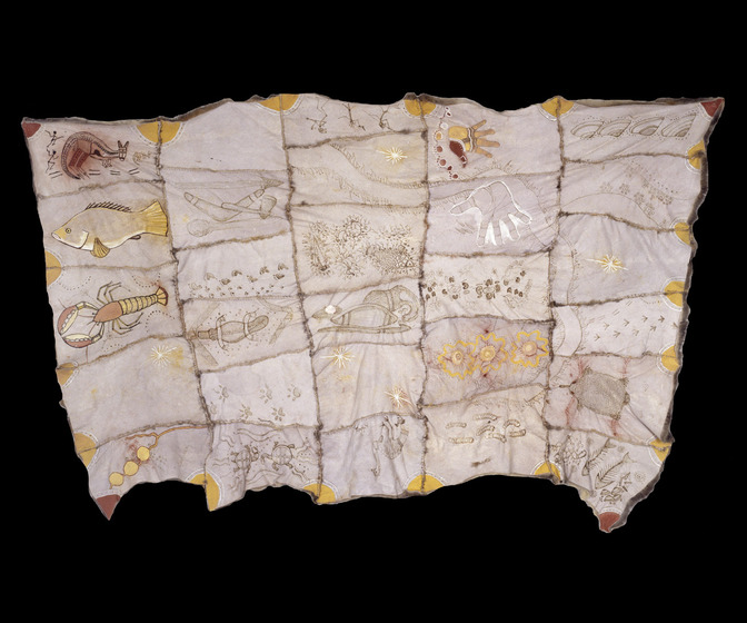 Cloak made with possum skin, stitched together in panels with each featuring a different design, including a crayfish, fish, kangaroo, hand prints, boomerang, and turtle