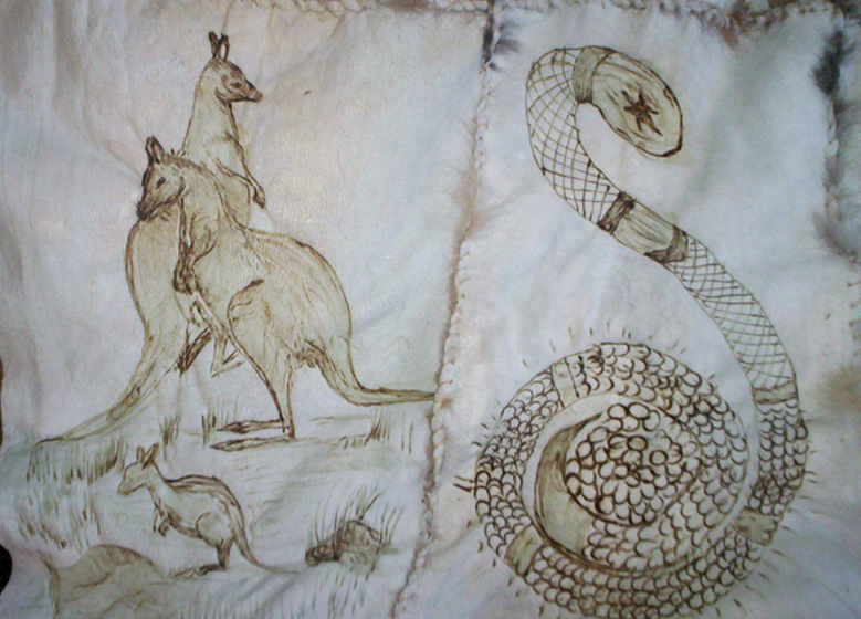 Close up of two panels from a possum skin cloak, showing a pair of kangaroos, and a snake.