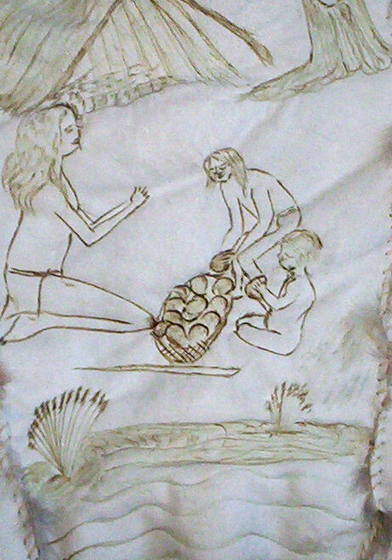 Close up of a panel from a possum skin cloak, showing three people seated around a basket full of round items. 