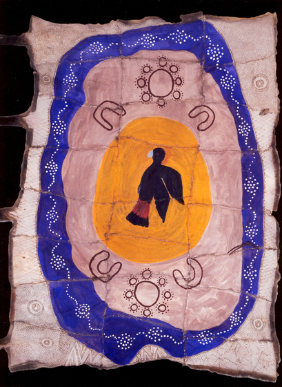 Cloak made with possum skin, stitched together in panels, which together form an image of a large yellow circle with a black bird in the centre, surrounded by a blue oval ring. 
