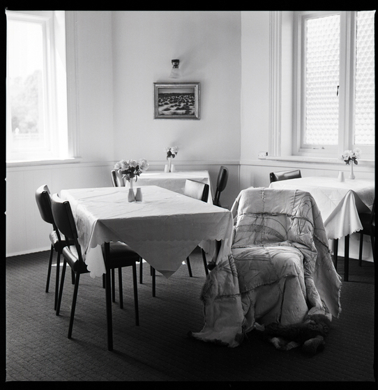 Black and white photograph of a room with tables and chairs. There are table clothes and vases of flowers on the chairs. One chair as a possum skin cloak draped over it.