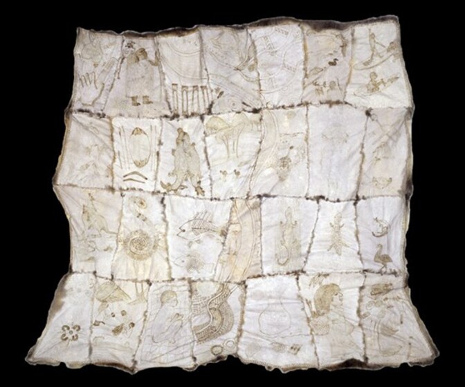 Cloak made with possum skin, stitched together in panels with each featuring a different design, including a fish, playtypuses, people, a goanna, fish, and handprints. 