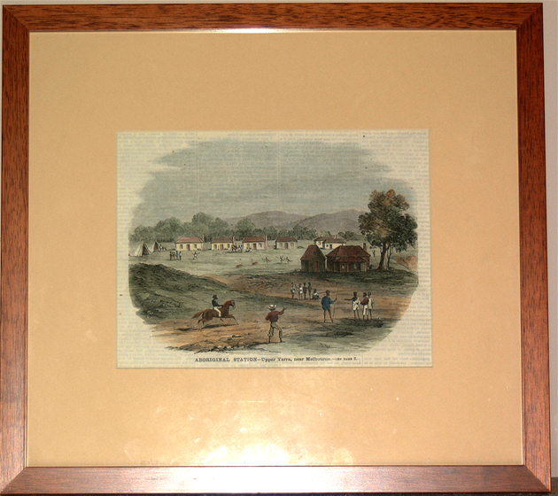 Framed colour print of farmland with men and horses standing across the fields. In the background are tents and small huts. Text beneath the print reads 'Aboriginal Station, Upper Yarra'