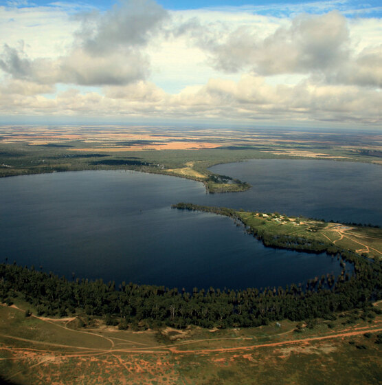 Aerial view of two adjoining lakes