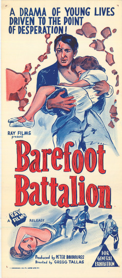 A movie poster with film title in large lettering on top of an illustration of a man carrying a woman