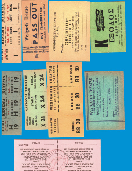 an assortment of colourful tickets for Greek cinema shows