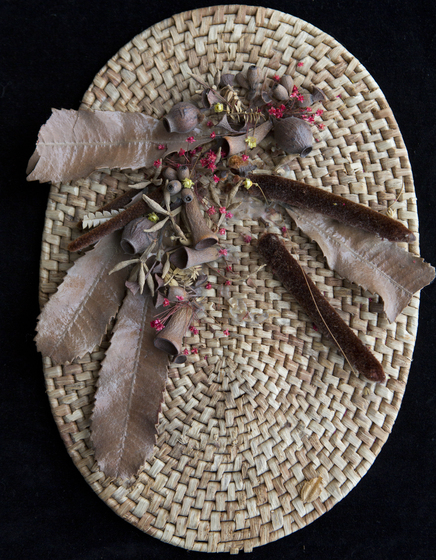 Woven light brown plant fibres, forming an oval shape. with brown leaves, gum nuts, and red and yellow small flowers on top.