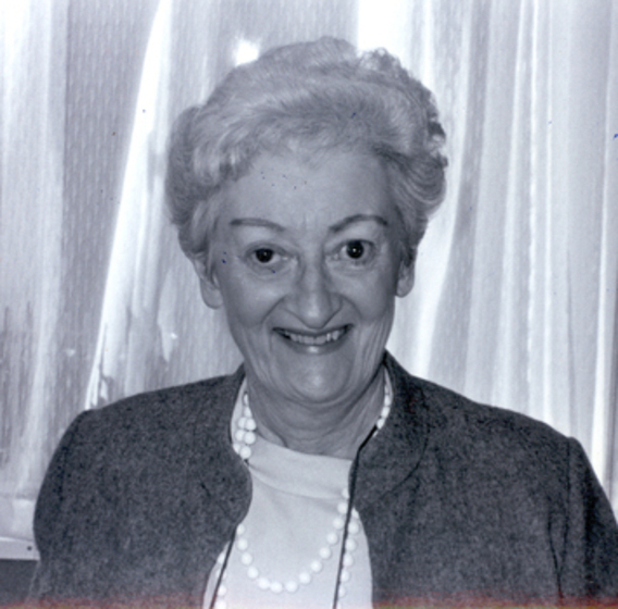 Black and white photograph of woman with short grey hair