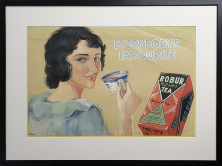 Colour Painting from the 1930s featuring a woman with a cup of tea