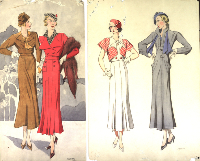 1930s coloured fashion drawings
